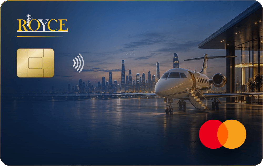 The Royce Card: a navy and cobalt prepaid Mastercard. The Royce logo sits at the upper left above a champagne-gold chip and the contactless symbol, a private jet stands on a lit runway across the centre right, and the Mastercard logo sits in the lower right corner.