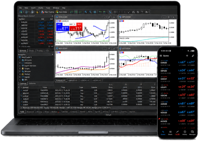 MetaTrader 5 running on a laptop and a smartphone, showing charts, the market watch panel and the mobile quotes list.